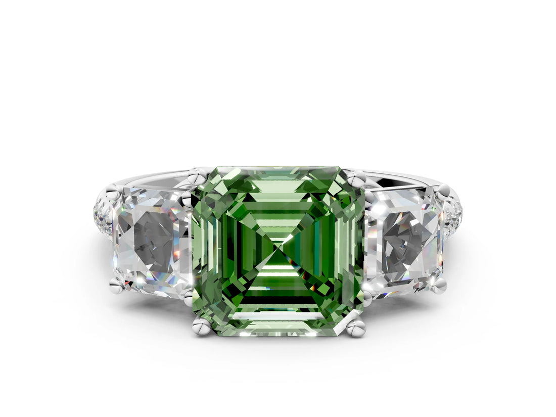 White gold Three-Stone Fancy Green Asscher Cut Diamond Ring with Round  Pavé Band and Prong Setting_48