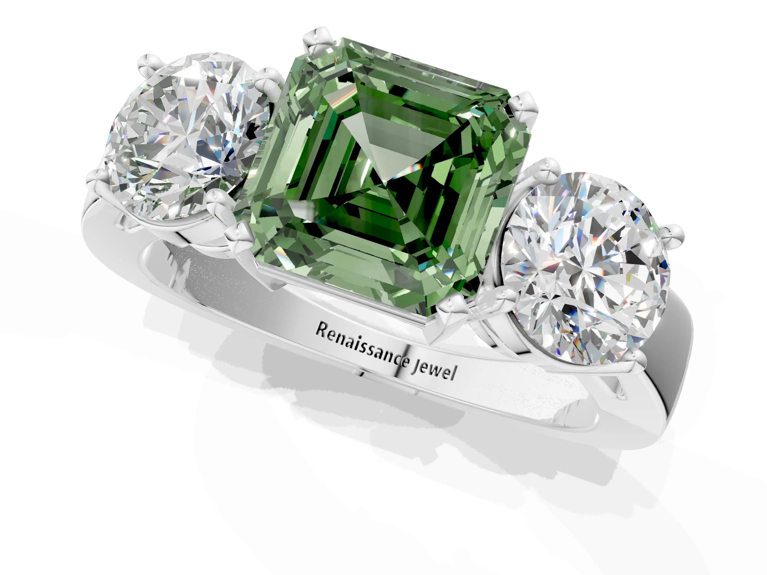 White gold Three-Stone Fancy Green Asscher Cut Diamond Ring with Round Side Stones, Classic Band, and Four-Prong Setting_1
