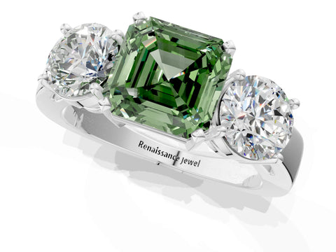 White gold Three-Stone Fancy Green Asscher Cut Diamond Ring with Round Side Stones, Classic Band, and Four-Prong Setting_1