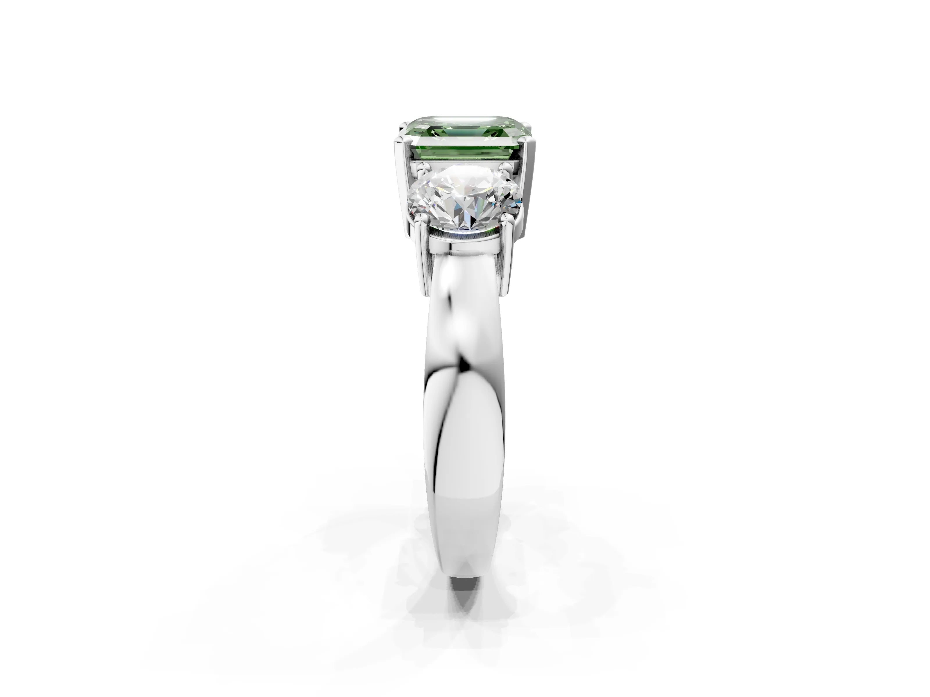 White gold Three-Stone Fancy Green Asscher Cut Diamond Ring with Round Side Stones, Classic Band, and Four-Prong Setting_2