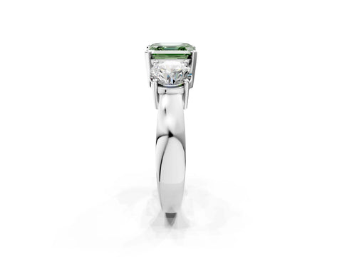 White gold Three-Stone Fancy Green Asscher Cut Diamond Ring with Round Side Stones, Classic Band, and Four-Prong Setting_2