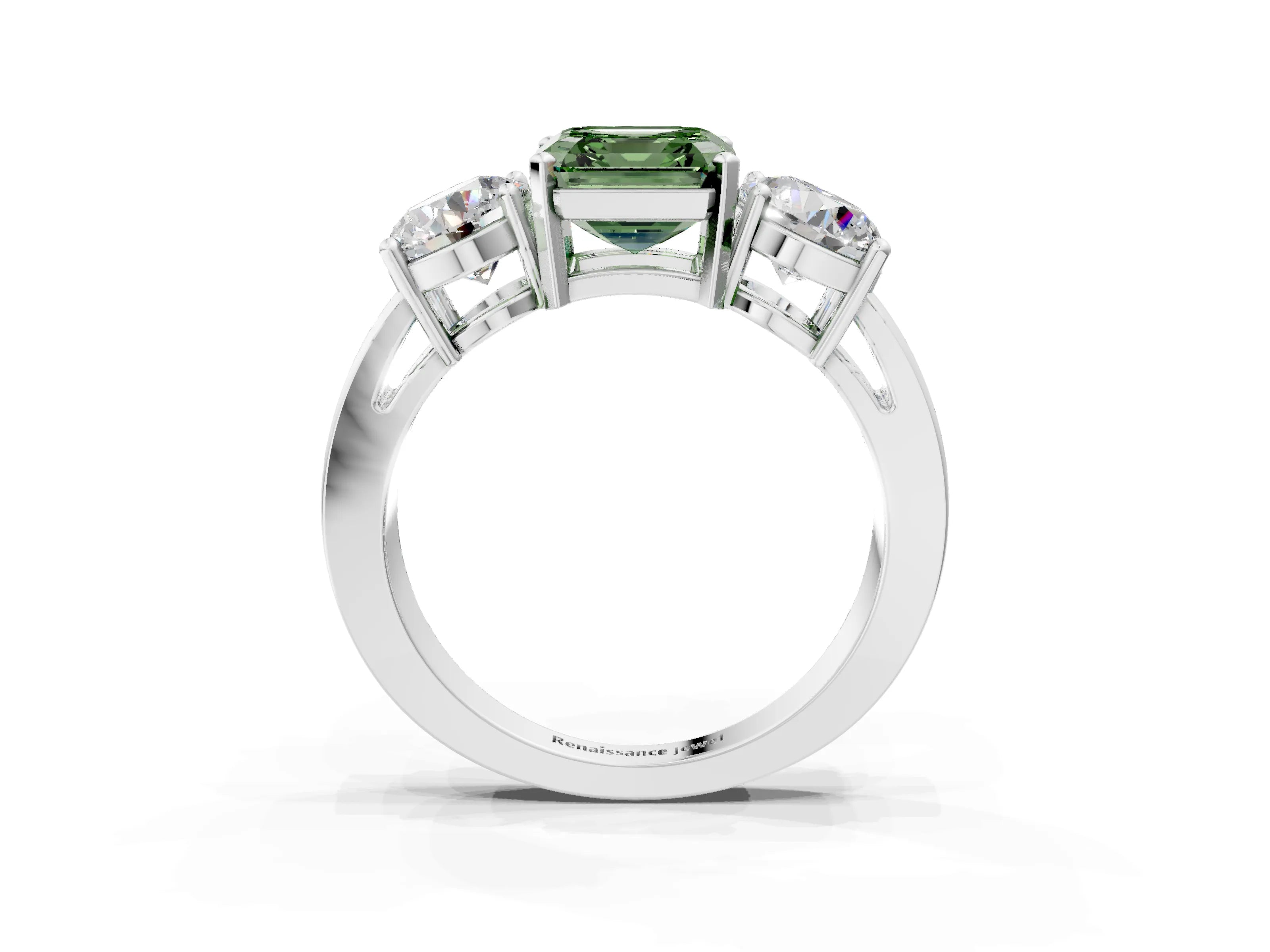 White gold Three-Stone Fancy Green Asscher Cut Diamond Ring with Round Side Stones, Classic Band, and Four-Prong Setting_3