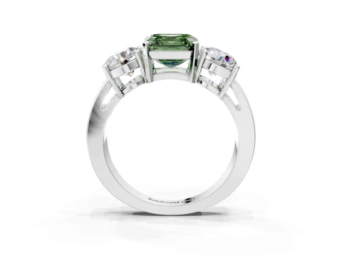 White gold Three-Stone Fancy Green Asscher Cut Diamond Ring with Round Side Stones, Classic Band, and Four-Prong Setting_3