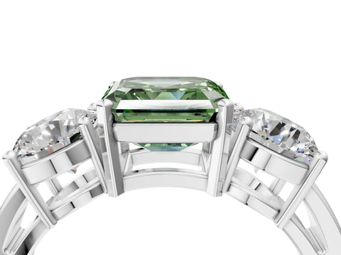 White gold Three-Stone Fancy Green Asscher Cut Diamond Ring with Round Side Stones, Classic Band, and Four-Prong Setting_4