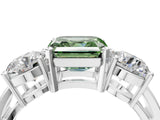 White gold Three-Stone Fancy Green Asscher Cut Diamond Ring with Round Side Stones, Classic Band, and Four-Prong Setting_4