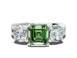 White gold Three-Stone Fancy Green Asscher Cut Diamond Ring with Round Side Stones, Classic Band, and Four-Prong Setting