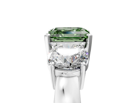 White gold Three-Stone Fancy Green Asscher Cut Diamond Ring with Round Side Stones, Classic Band, and Four-Prong Setting_5