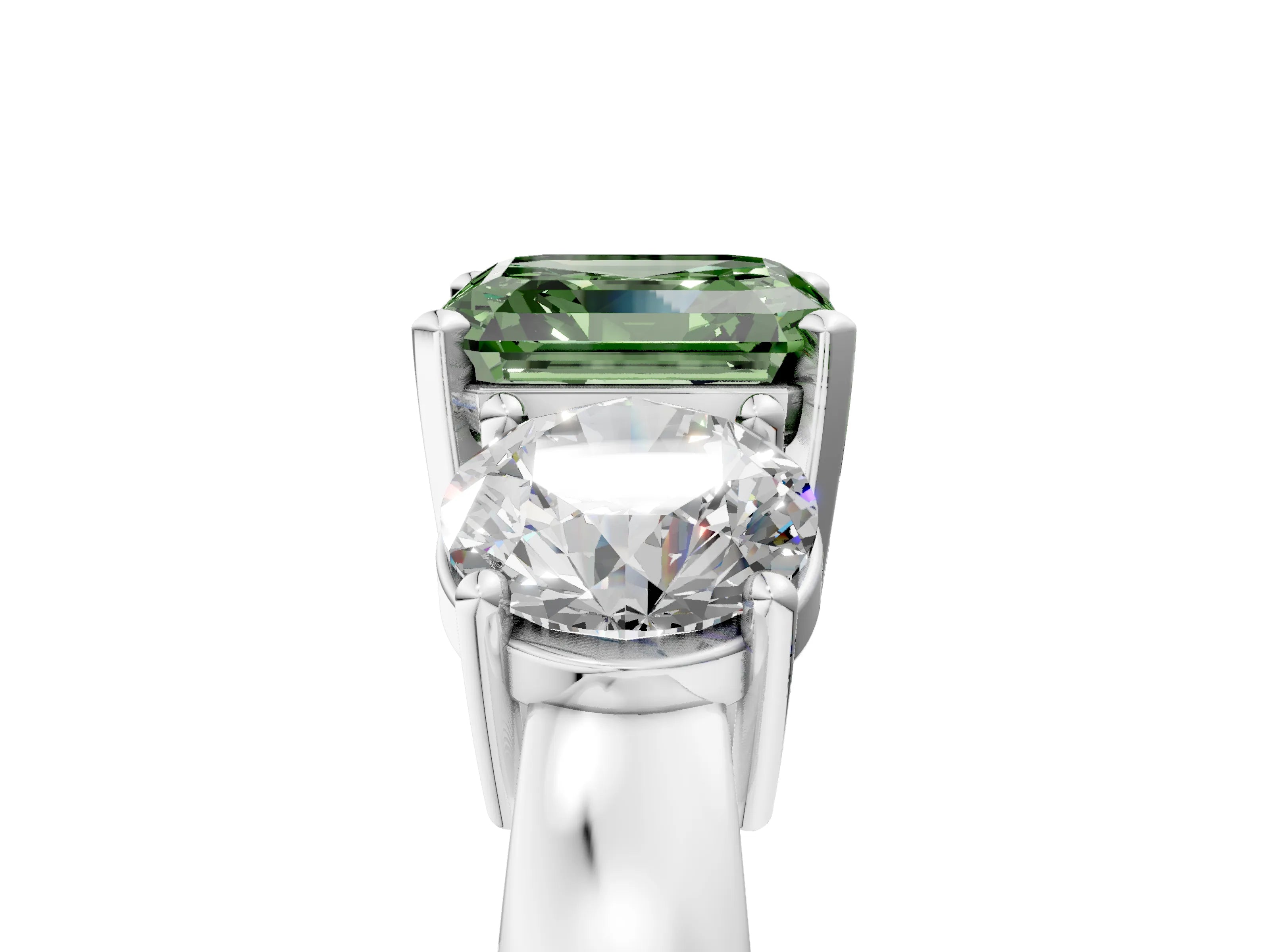 White gold Three-Stone Fancy Green Asscher Cut Diamond Ring with Round Side Stones, Classic Band, and Four-Prong Setting_5