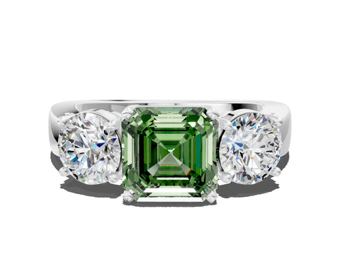 White gold Three-Stone Fancy Green Asscher Cut Diamond Ring with Round Side Stones, Classic Band, and Four-Prong Setting