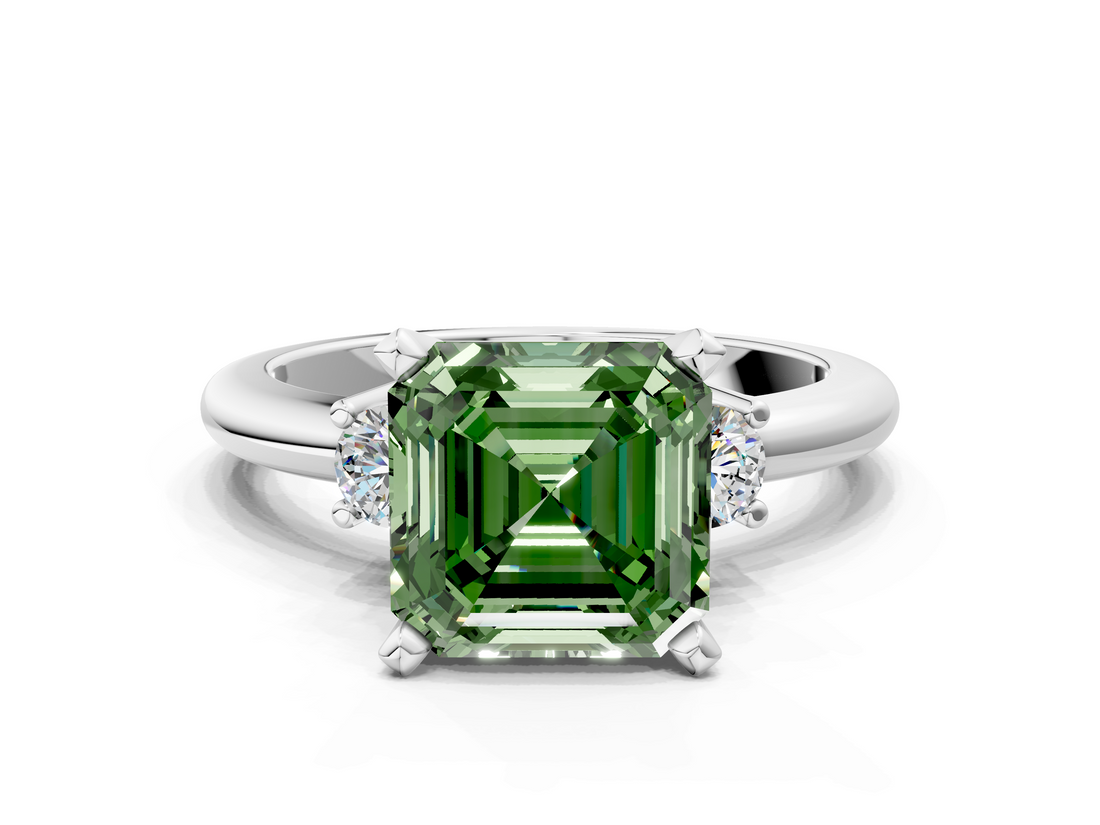White gold Three-Stone Fancy Green Asscher  Cut Diamond Solitaire with Prong Setting and Classic Band