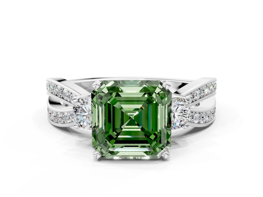 White gold Three-Stone Fancy Green Asscher  Cut Diamond Twist Band with Prong Setting_17