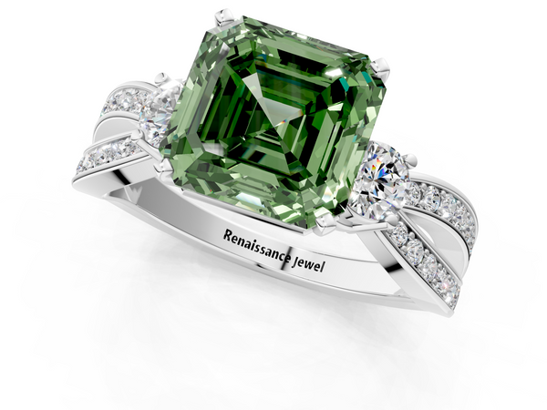 Platinum Asscher Cut Three Stone Engagement Ring Setting for Fancy Green Center with Pave Twist Band