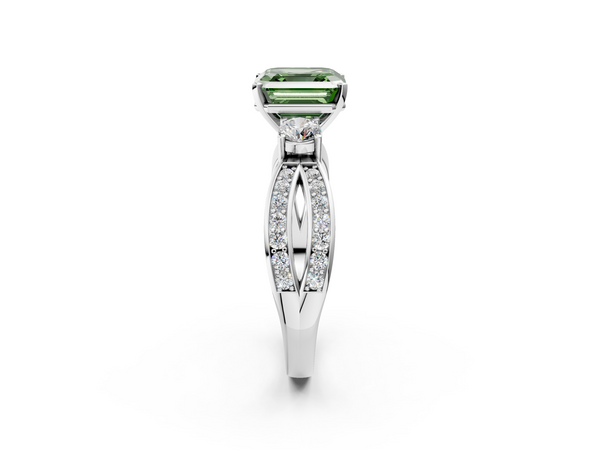 Platinum Asscher Cut Three Stone Engagement Ring Setting for Fancy Green Center with Pave Twist Band