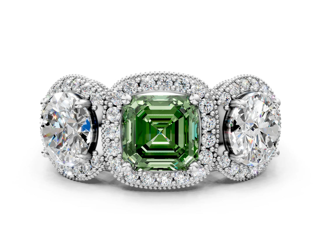 White gold Three-Stone Fancy Green Asscher Cut Halo Diamond Milgrain Band with Four-Prong Setting