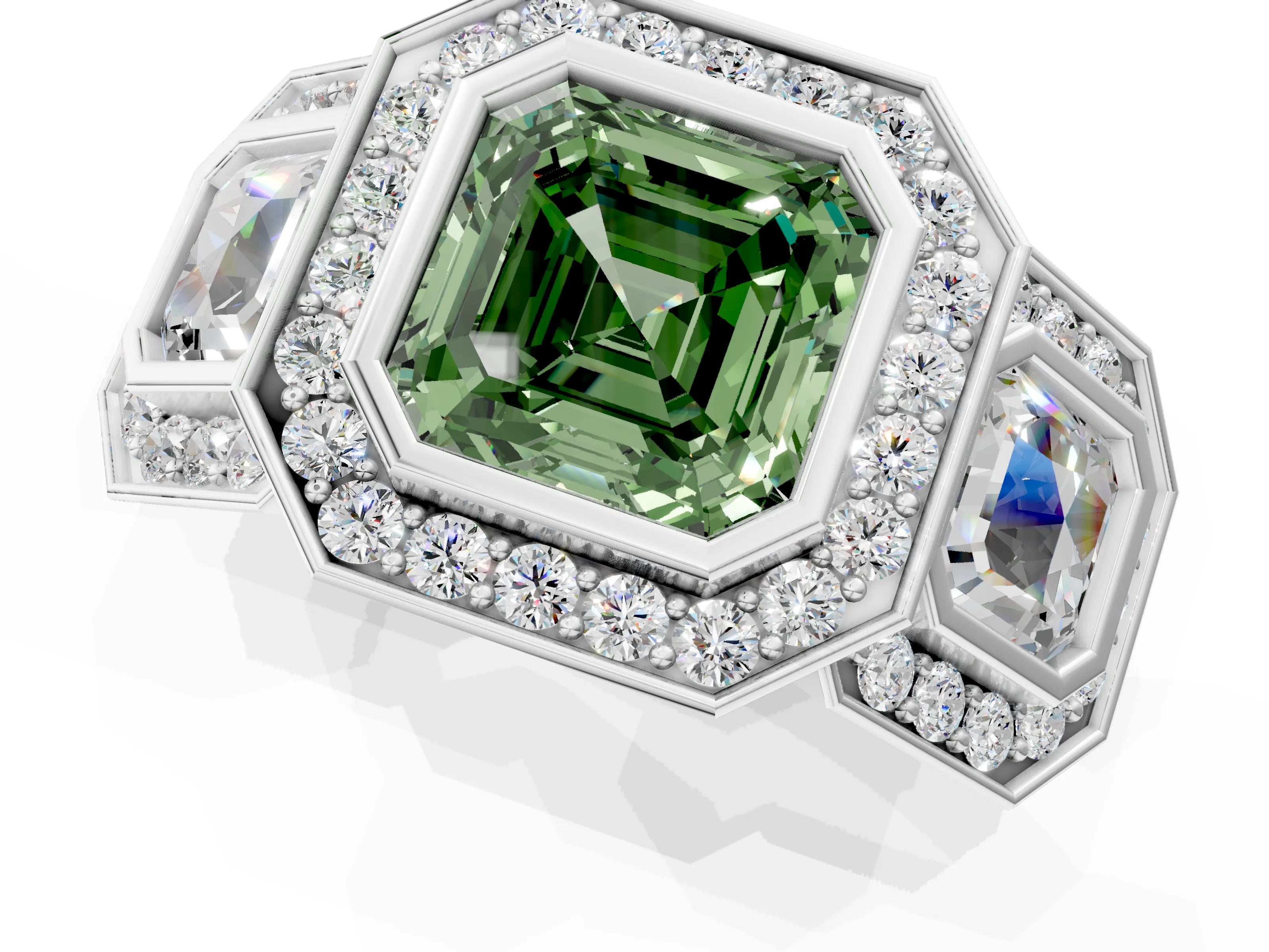 White gold Three-Stone Fancy Green Asscher Cut Halo Pavé Diamond Ring_1