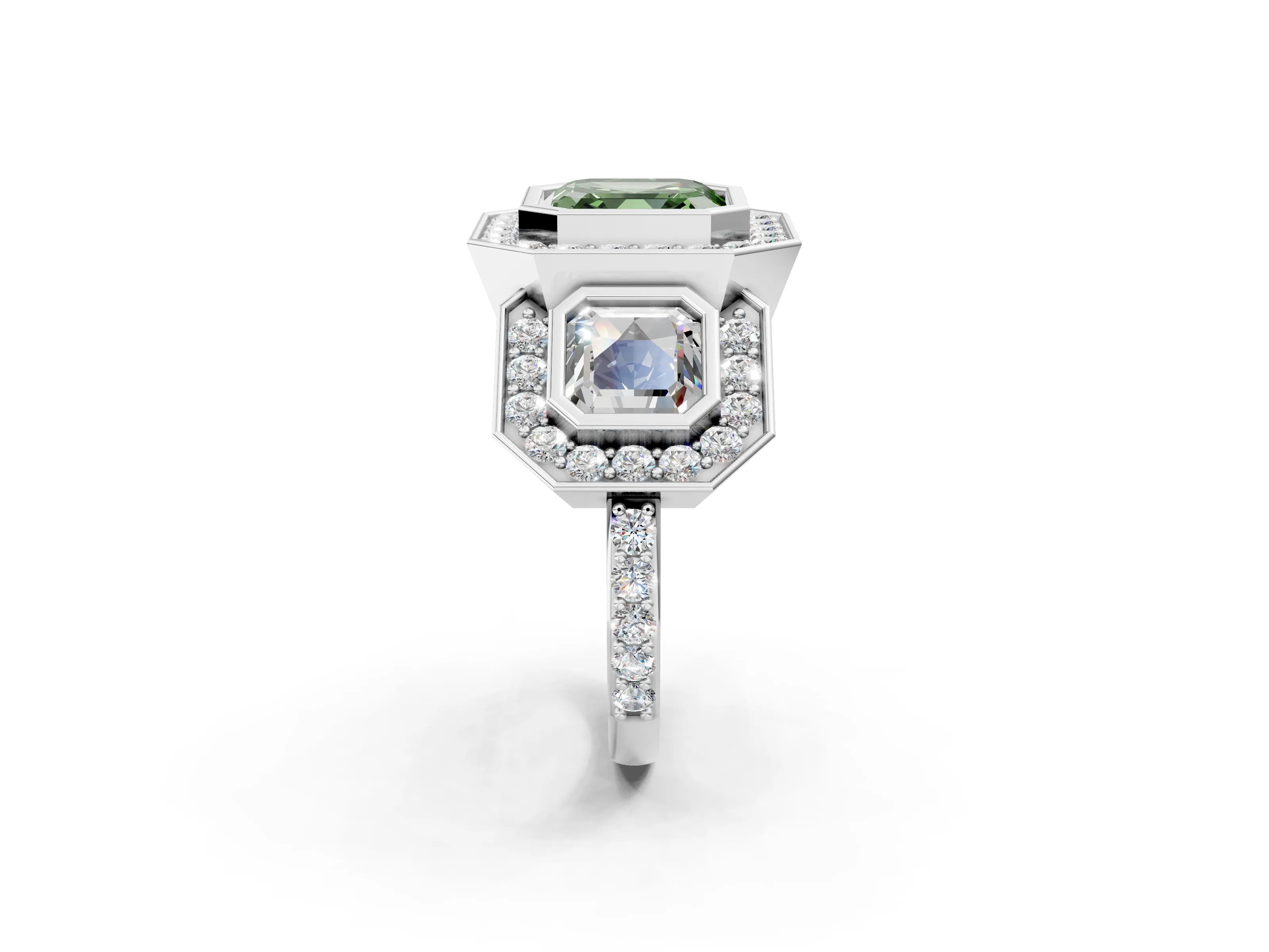White gold Three-Stone Fancy Green Asscher Cut Halo Pavé Diamond Ring_2