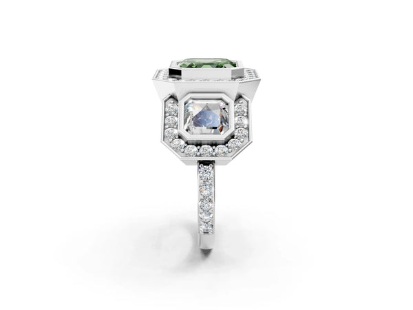 Platinum Asscher Cut Bezel Three Stone Halo Engagement Ring Setting for Fancy Green Center