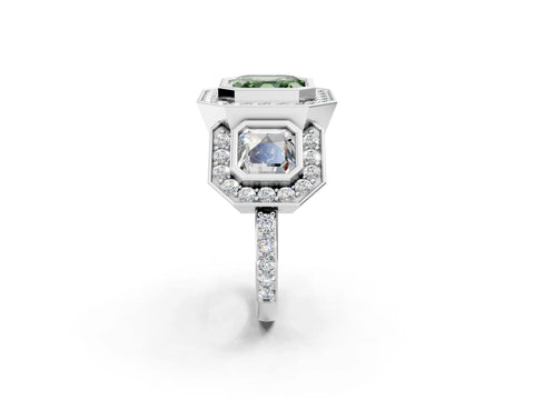 White gold Three-Stone Fancy Green Asscher Cut Halo Pavé Diamond Ring_2