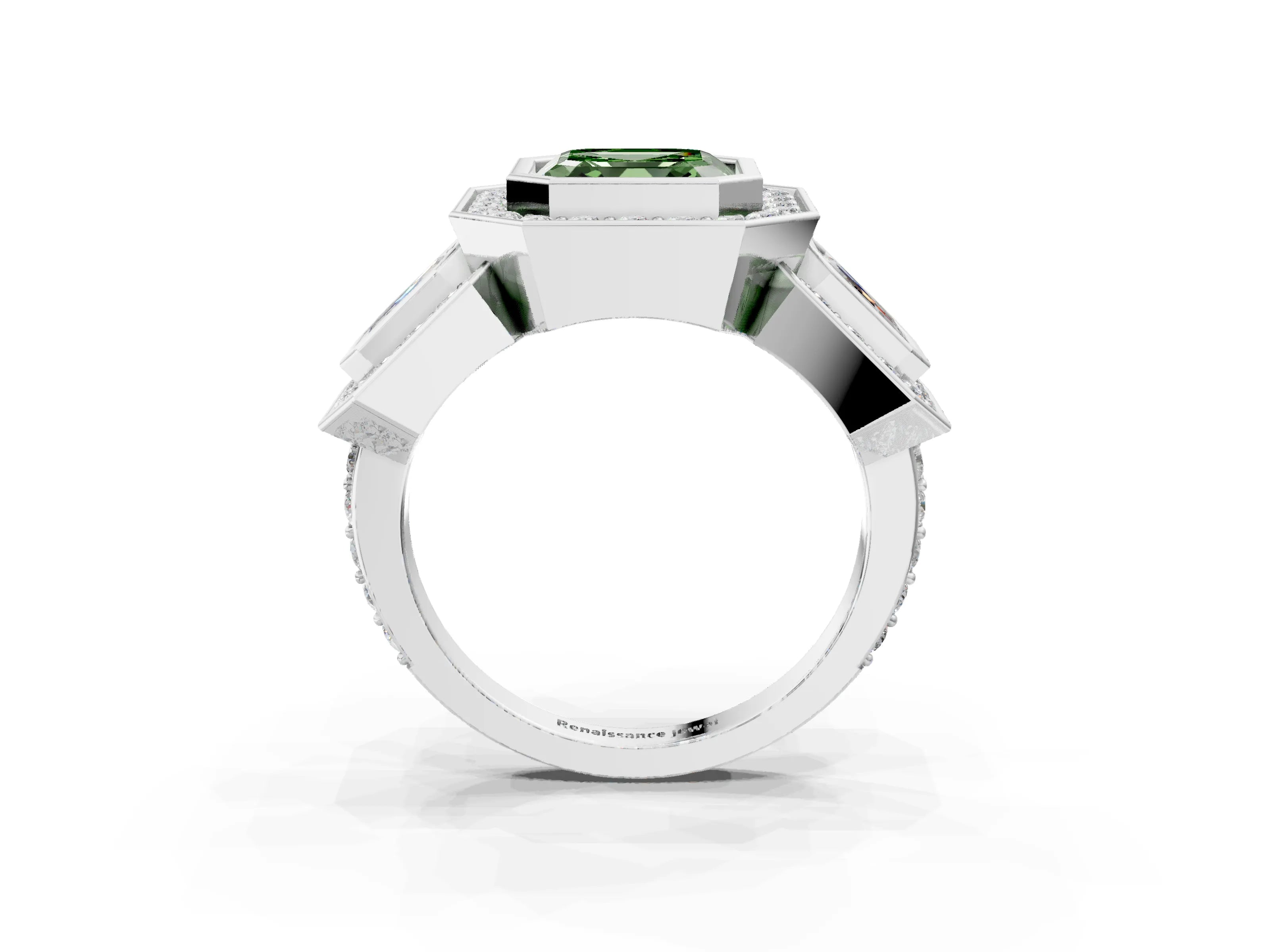 White gold Three-Stone Fancy Green Asscher Cut Halo Pavé Diamond Ring_3