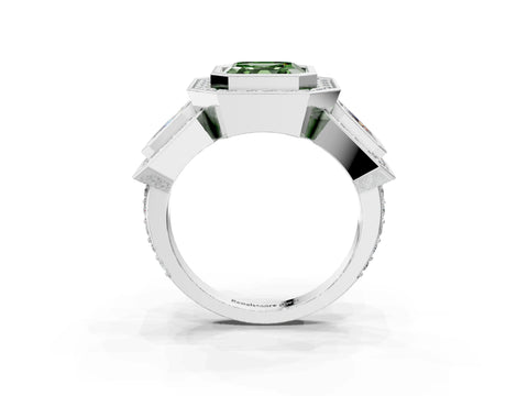 White gold Three-Stone Fancy Green Asscher Cut Halo Pavé Diamond Ring_3