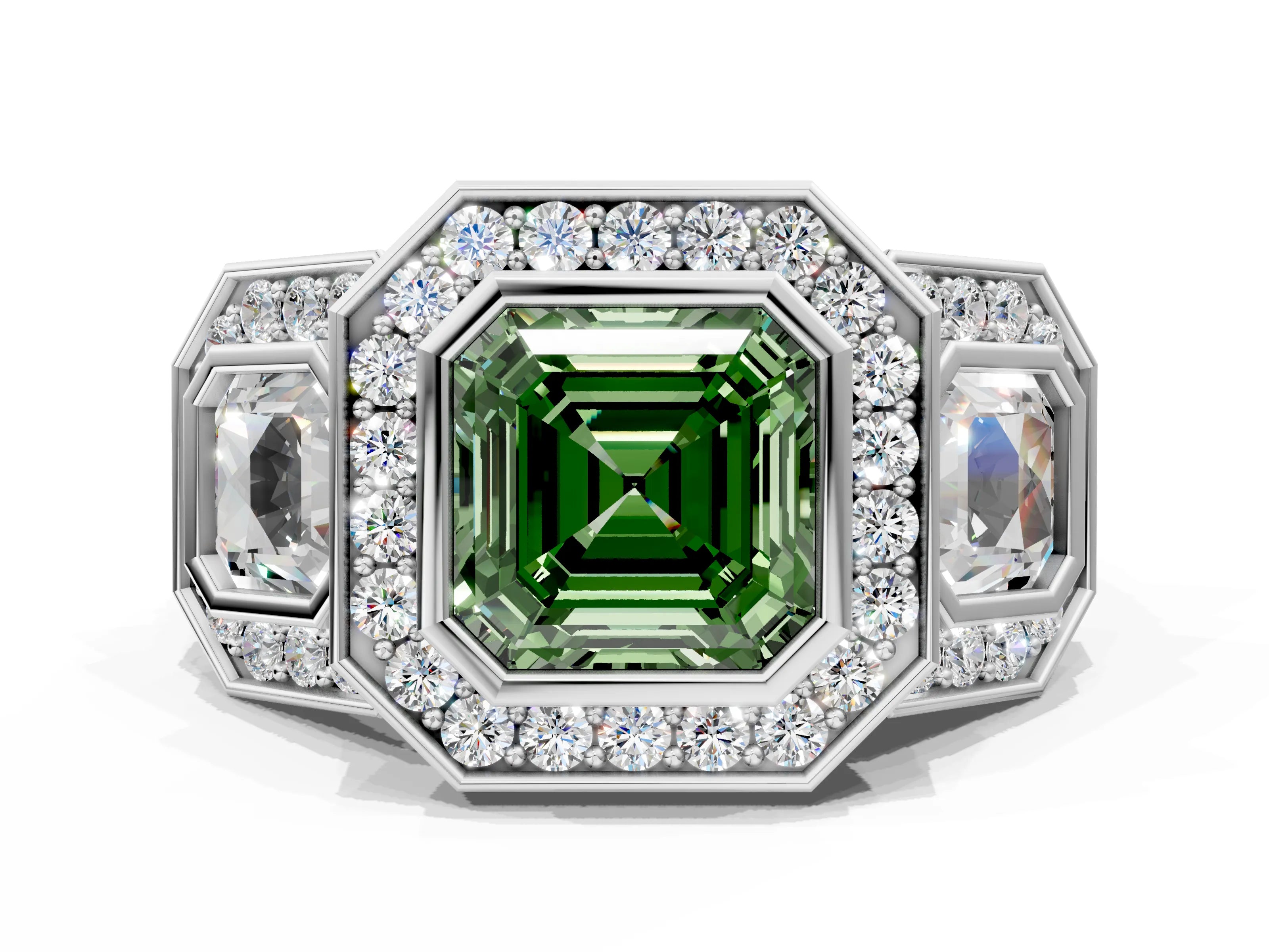 White gold Three-Stone Fancy Green Asscher Cut Halo Pavé Diamond Ring