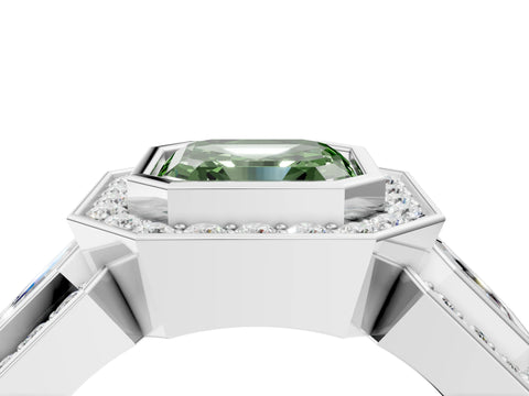 White gold Three-Stone Fancy Green Asscher Cut Halo Pavé Diamond Ring_4