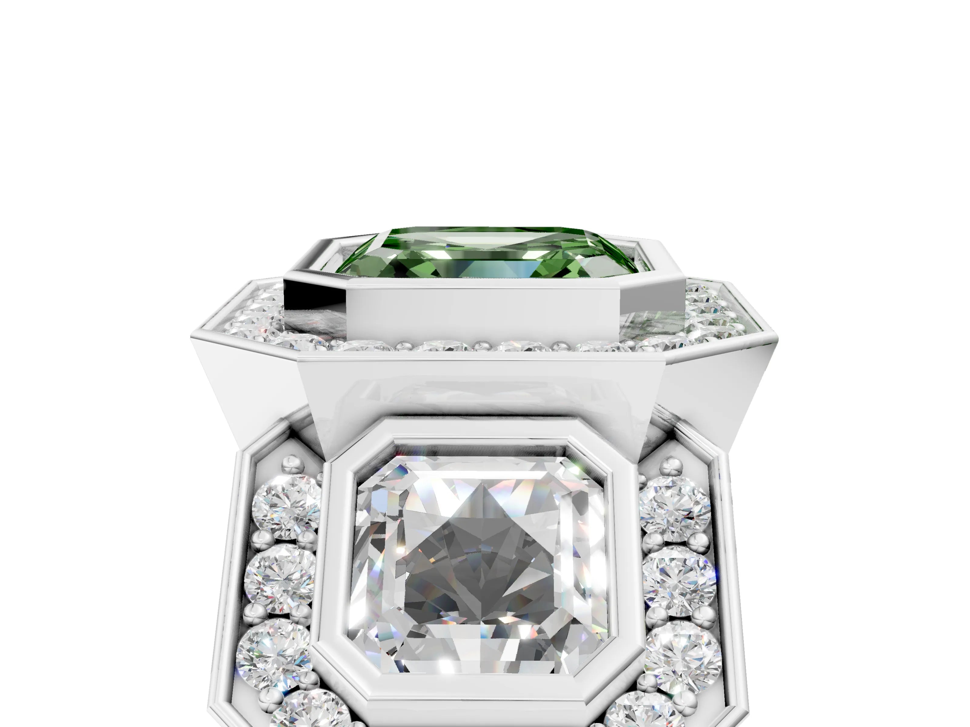 White gold Three-Stone Fancy Green Asscher Cut Halo Pavé Diamond Ring_5