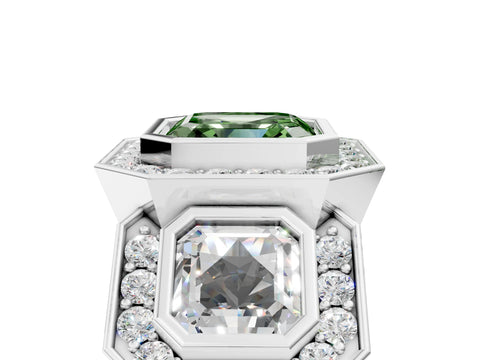 White gold Three-Stone Fancy Green Asscher Cut Halo Pavé Diamond Ring_5