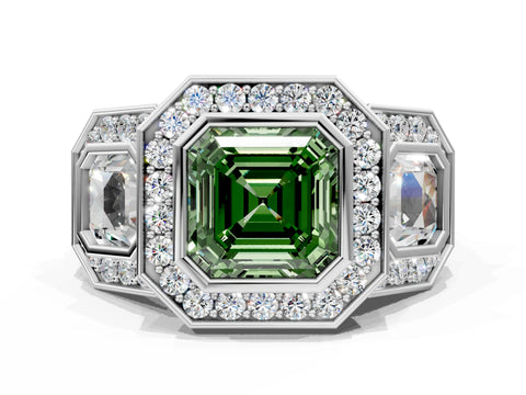 White gold Three-Stone Fancy Green Asscher Cut Halo Pavé Diamond Ring