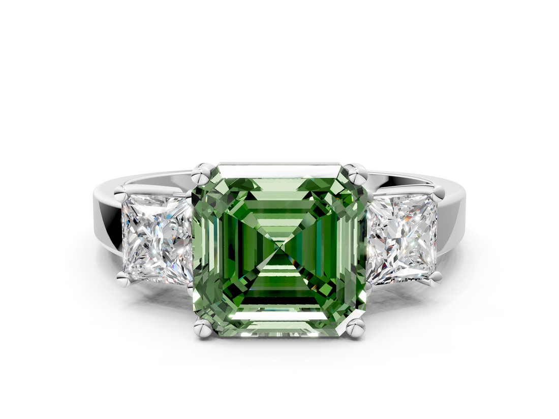 White gold Three-Stone Fancy Green Asscher  Cut Solitaire Ring with Prong Setting_3