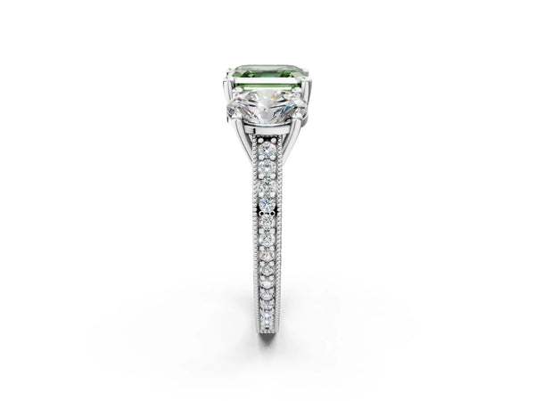 White Gold Asscher Cut Three-Stone Engagement Ring Setting for Fancy Green Center with Pave Band