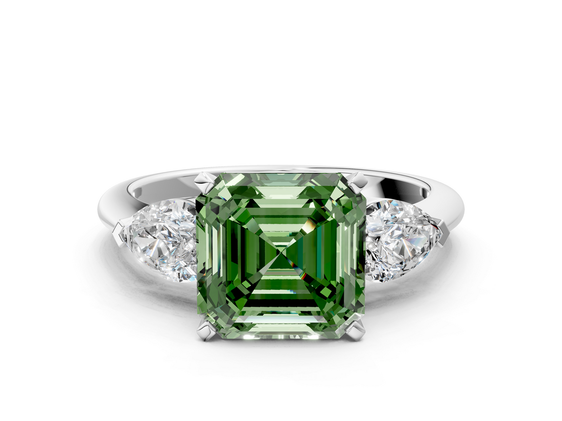 White gold Three-Stone Fancy Green Asscher  Diamond Ring with Pear Side Stones in Four-Prong Setting_17