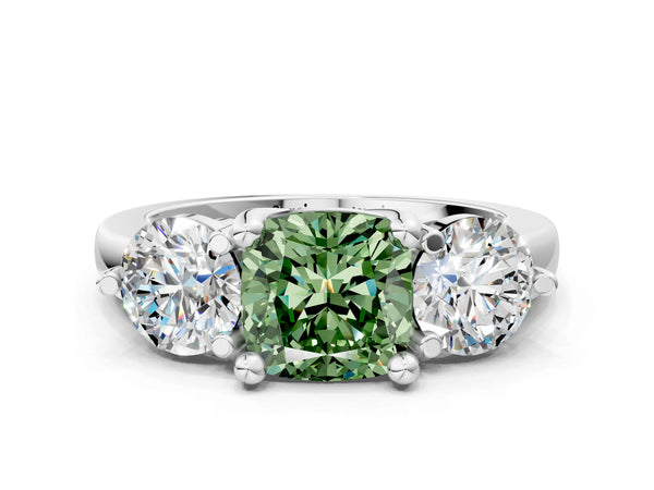 White gold Three-Stone Fancy Green Cushion  Brilliant Cut Solitaire Ring with Prong Setting on a Classic Band