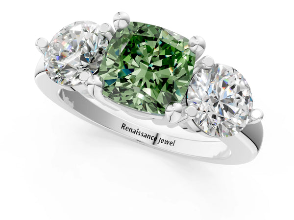 White gold Three-Stone Fancy Green Cushion  Brilliant Cut Solitaire Ring with Prong Setting on a Classic Band