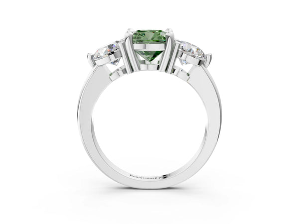 White gold Three-Stone Fancy Green Cushion  Brilliant Cut Solitaire Ring with Prong Setting on a Classic Band