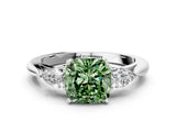 White gold Three-Stone Fancy Green Cushion Cut Brilliant Diamond Solitaire Ring with Tapered Band and Four-Prong Setting_46