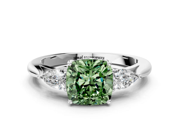 Platinum Three-Stone Fancy Green Cushion Cut Brilliant Diamond Solitaire Ring with Tapered Band and Four-Prong Setting