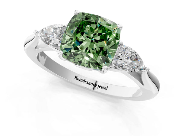 Platinum Three-Stone Fancy Green Cushion Cut Brilliant Diamond Solitaire Ring with Tapered Band and Four-Prong Setting