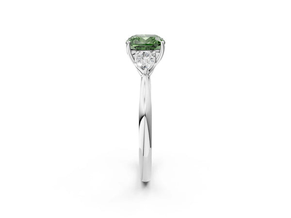 Platinum Three-Stone Fancy Green Cushion Cut Brilliant Diamond Solitaire Ring with Tapered Band and Four-Prong Setting