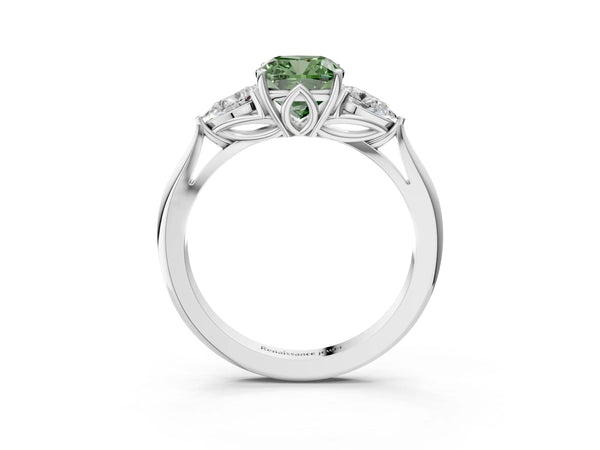 Platinum Three-Stone Fancy Green Cushion Cut Brilliant Diamond Solitaire Ring with Tapered Band and Four-Prong Setting