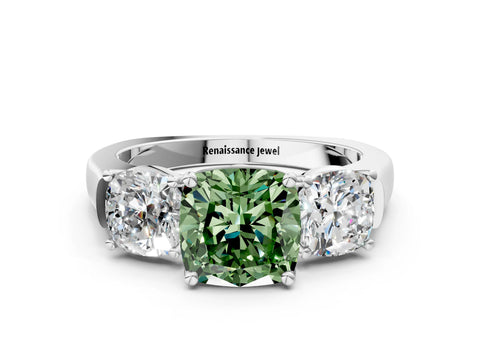 White gold Three-Stone Fancy Green Cushion Cut Brilliant Diamond Trellis Ring with Comfort Fit Band_12