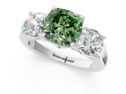 White gold Three-Stone Fancy Green Cushion Cut Brilliant Diamond Trellis Ring with Comfort Fit Band_13