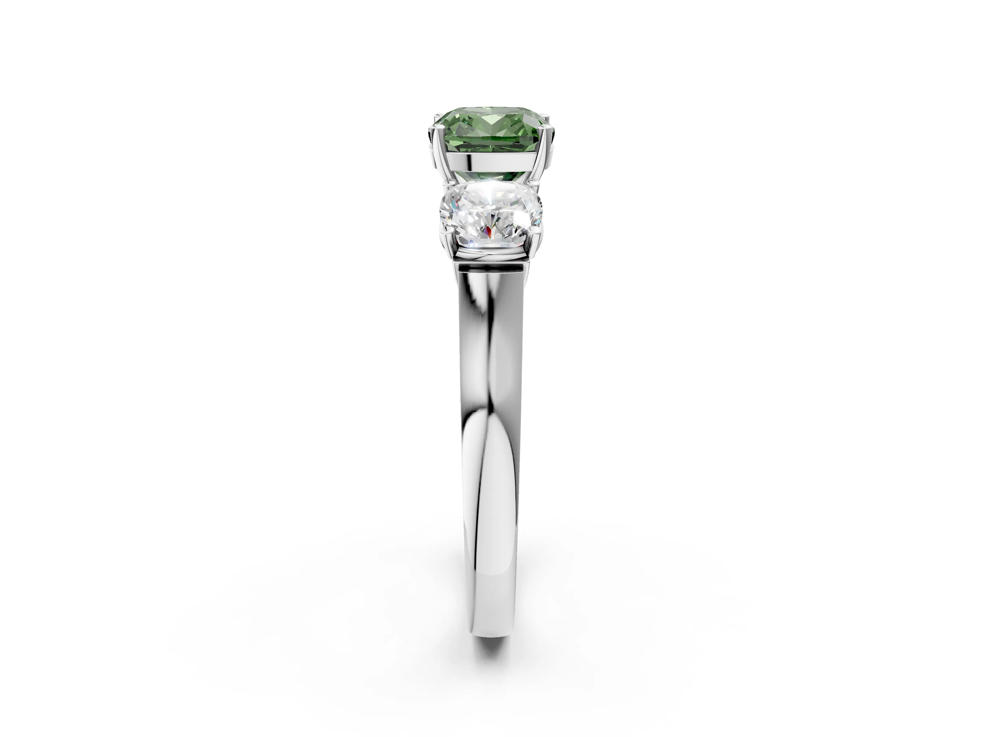 White gold Three-Stone Fancy Green Cushion Cut Brilliant Diamond Trellis Ring with Comfort Fit Band_14