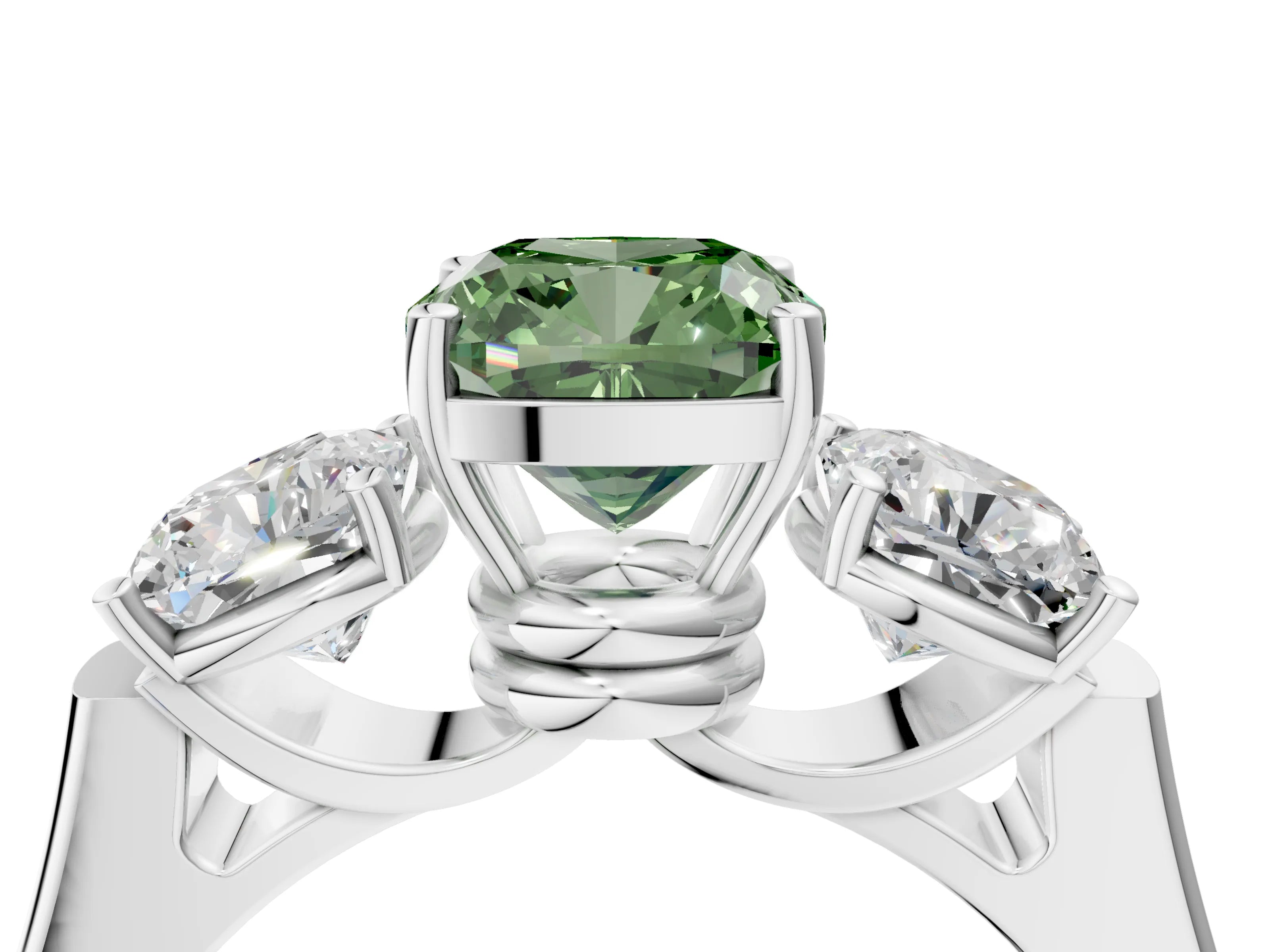 White gold Three-Stone Fancy Green Cushion Cut Brilliant Diamond Trellis Ring with Comfort Fit Band_16