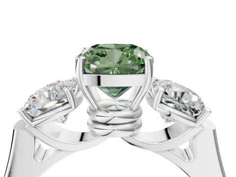 White gold Three-Stone Fancy Green Cushion Cut Brilliant Diamond Trellis Ring with Comfort Fit Band_16