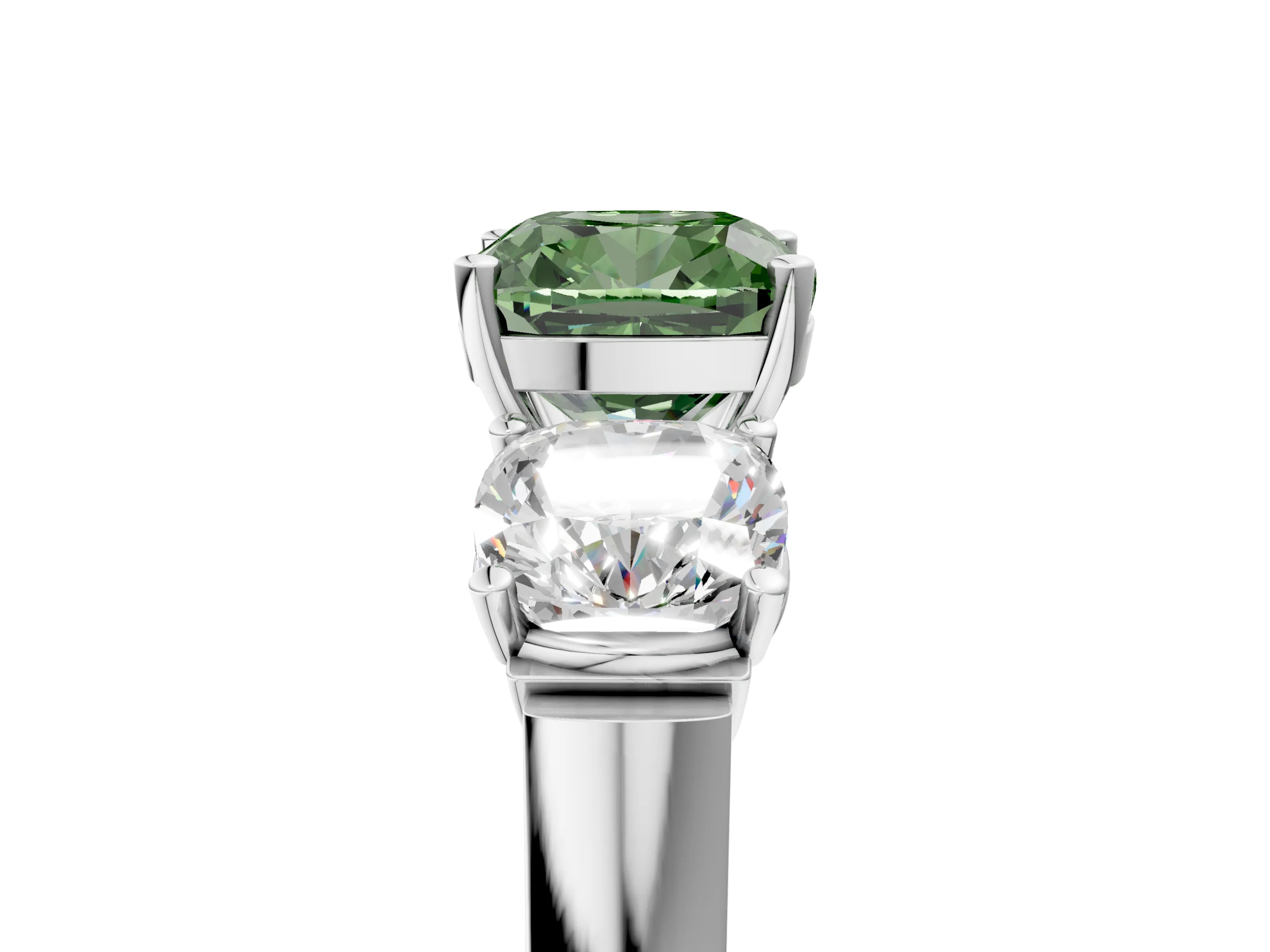 White gold Three-Stone Fancy Green Cushion Cut Brilliant Diamond Trellis Ring with Comfort Fit Band_17