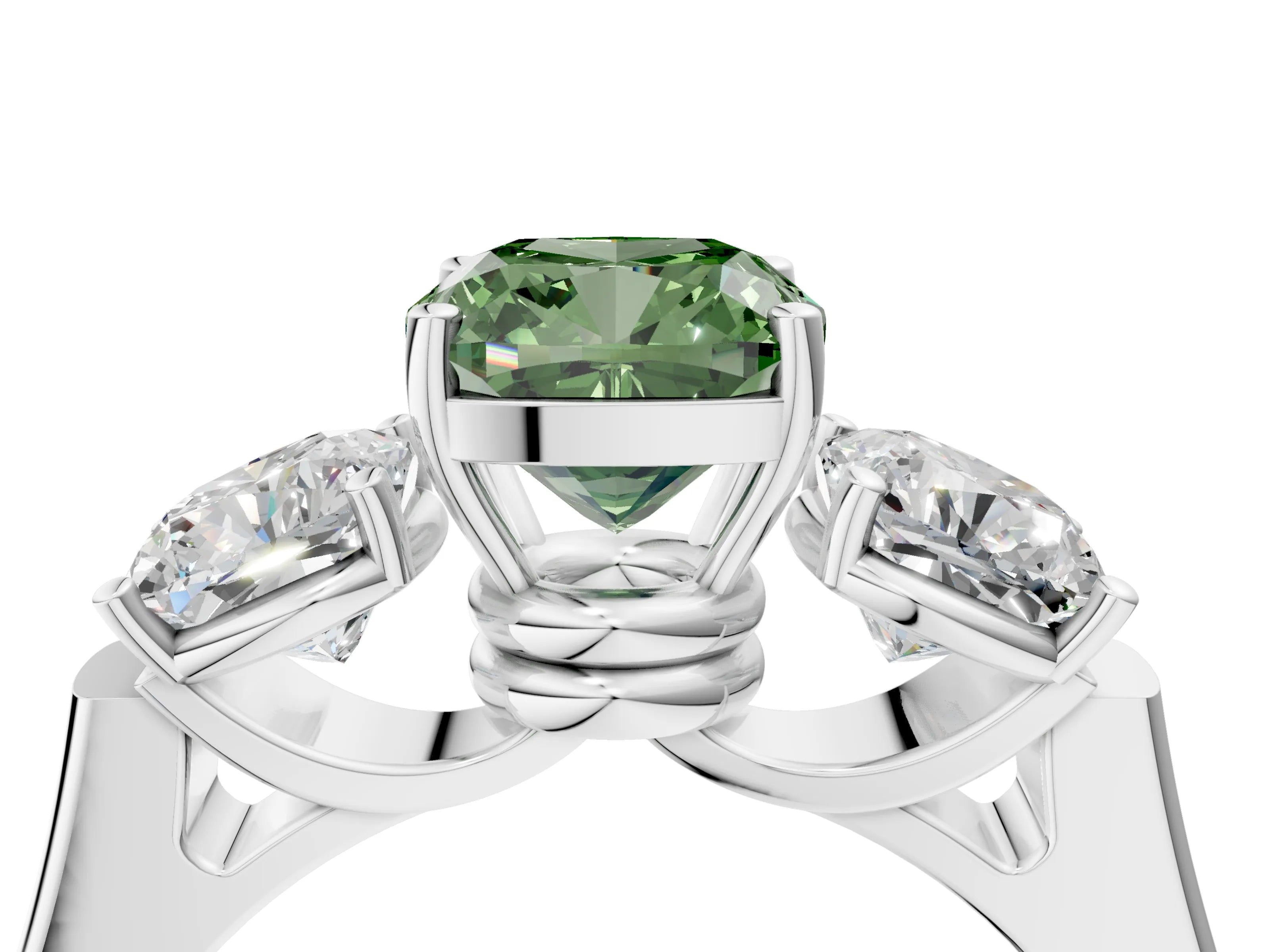 White gold Three-Stone Fancy Green Cushion Cut Brilliant Diamond Trellis Ring with Comfort Fit Band_4