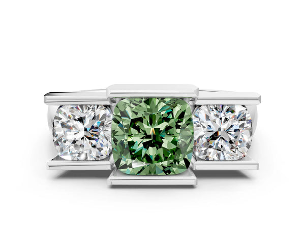 Sterling Silver Cushion Cut Channel Set Three Stone Engagement Ring Setting for Fancy Green Center