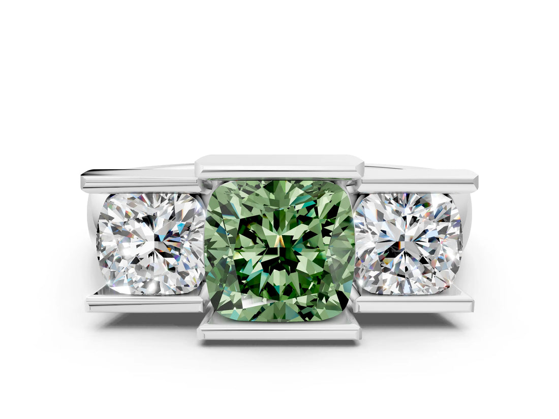 White gold Three Stone Fancy Green Cushion Cut Cut Channel Set Diamond Ring_24
