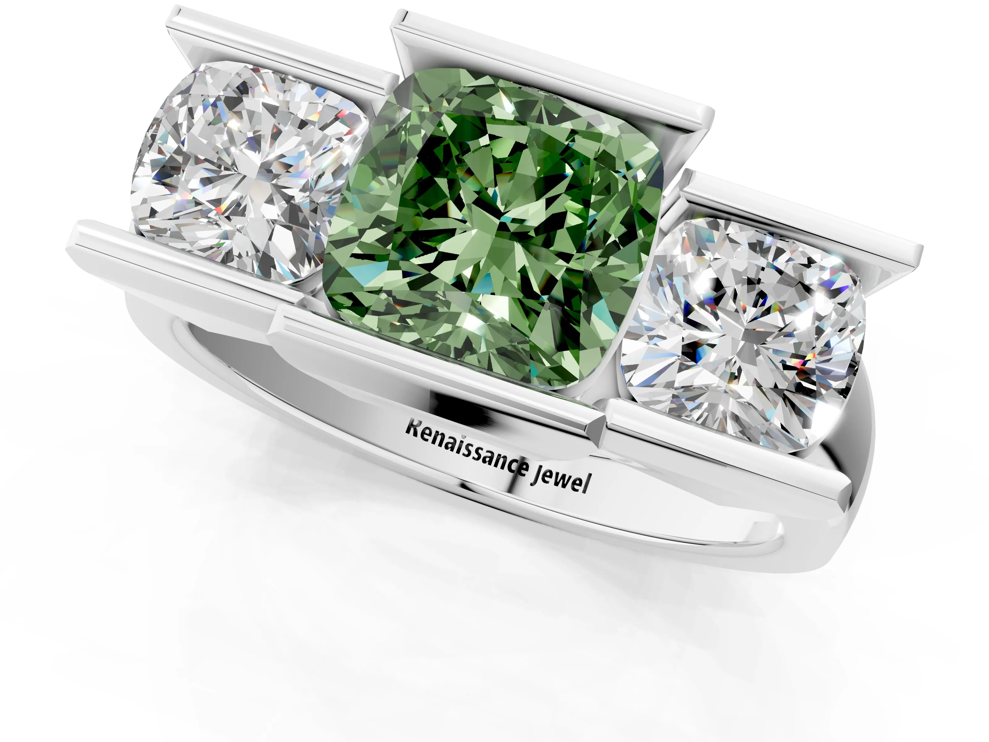 White gold Three Stone Fancy Green Cushion Cut Cut Channel Set Diamond Ring_25